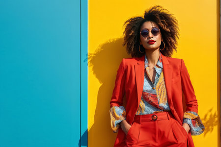 Stunning Fashionista in Vibrant Backdrop A Woman Wearing Red Blazer, Multicolor Shirt, and Orange Glasses Amidst Eye-Catching Colored Sceneryの素材