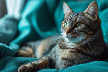 Whisker-Pointed Tabby Cat With Green Eyes Looks Away from Blue Blanket, Whiskered Ears Alert in Focus Backgroundの素材