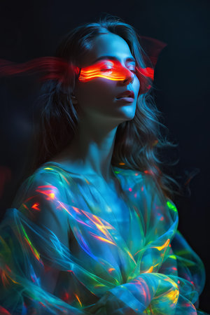 Imaginative Surrealist Artwork A Vibrant Female Figure Drenched in Light Beams and Fluid Movementの素材