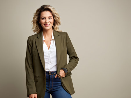 Graceful Smile Capturing the Moments with a Green Jacketed Woman in Grey Backgroundの素材