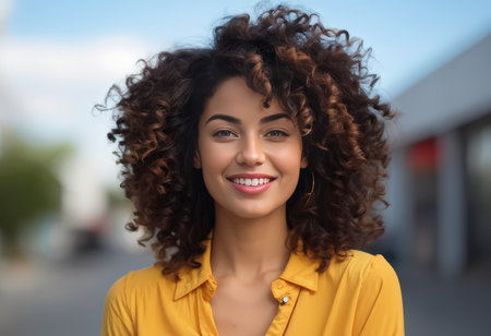 Captivating Woman in Dark Curly Hair and Yellow Shirt An Unforgettable Fashion Statementの素材
