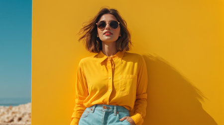 Adventures in Yellow A Person Day Out Against Bright Yellow Backgroundsの素材