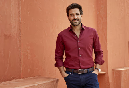 Adorable Man in Red Shirt and Blue Jeans Standing Next to Wall with Watch and Beltの素材