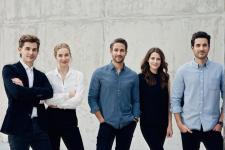 Five Experts Gather Outside in Professional Attire for An Unexpected Encounterの素材