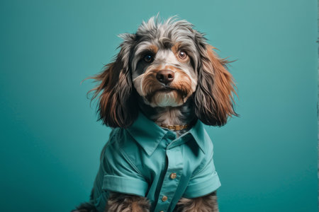 Dazzling Blue Background A Charismatic Dog in Green Trousersの素材