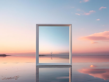 Solitude Amidst Serenity Capturing Calm Sunset Reflections in a Rectangular Windowの素材