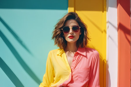 Radiant Playfulness A Colorful Woman in Sunglasses Captivating Against Vibrant Wallsの素材
