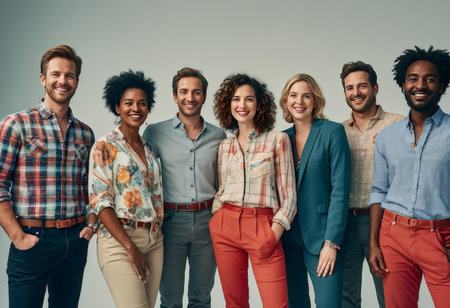 Joyful Casual Gatherings A Vibrant Group Portrait of Seven Individuals in Varied Colors and Light-hearted Posesの素材