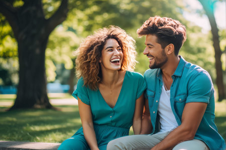 Blue Shirt Man and Smiling Woman Side-by-Side in Greenery Park A Serene Holiday Selfie Photo Capturing Moments of Joy and Connectionの素材