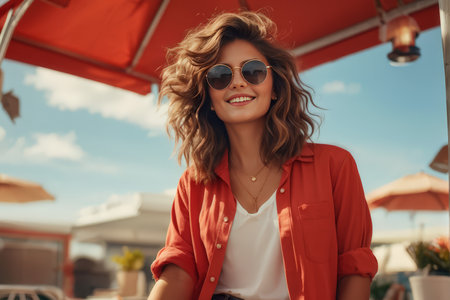 Enchanting Outdoor Ambiance A Captivating Woman in Red Attire Rests Her Hand on an Orange Umbrella as Daylight Gleams Through the Glass Windows of a Nearby Restaurant or Cafe Settiの素材
