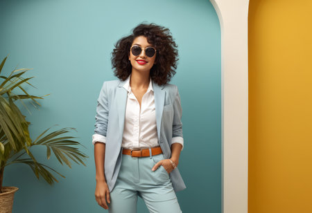 Charming Woman with Brown Hair and Sunglasses in Vibrant Yellow and Blue Background Next to Her Plant - Perfect for Your Home Decor or Art Collectionの素材
