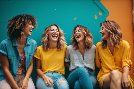 Joyful Laughter Amidst Vibrant Colors Four Women Harmonious Moments in a Brightly Colored Settingの素材