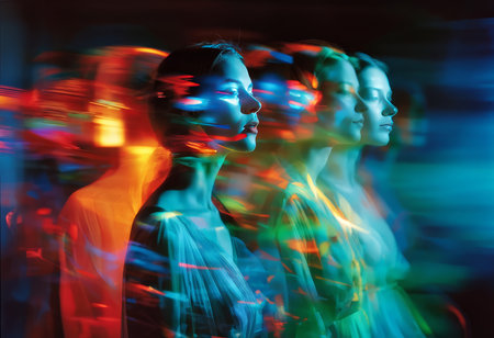 Artistic Blur Captivating Woman Against Glowing Multicolor Backgroundの素材