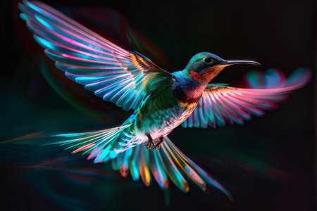 Vibrant Iridescent Bird Against Dark Background Unveiling the Artistic Symphony of Flight and Colorの素材