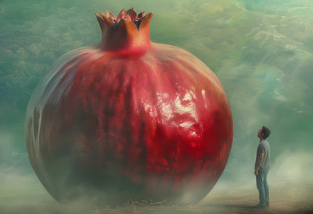 Enormous Pomegranate Dominates Horizon A Stunned Young Man Gazing Upward Amidst Greenery and Mysterious Smoke/Mistの素材