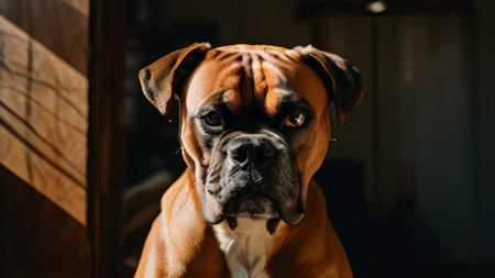 Intimate Portrait of a Gentlemanly Breed A Boxer Dog Direct Eye Contact in Indoor Photographyの素材