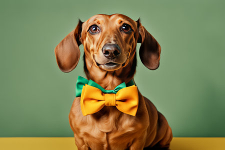 Adorable Brown Dog in Yellow Bowtie and Green Collar Nibbling at Table Fridgeの素材