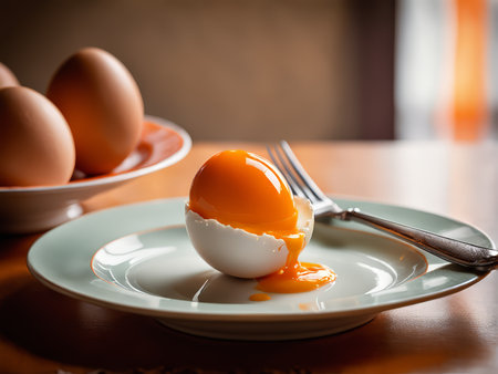 Vintage Egg Yolk Plate Set A Culinary Snapshot in Blurred Pastel Backgroundの素材