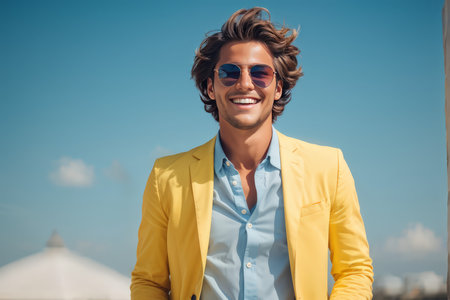 Joyful Journey A Man in Yellow Jacket Smiling Delightfully for Cameraの素材