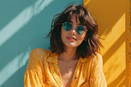 Graceful Modern Woman in Sun Glasses A Fashion Statement Amidst Vibrant Backgroundsの素材