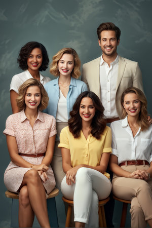 Six People Posed Together in Grey Background with Unclear Writing - Two Arms Around Each Other, Happy Business Casual Attireの素材