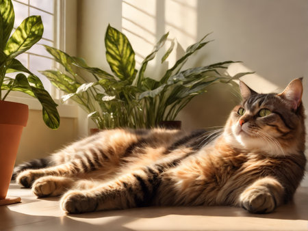 Relaxed Serenity A Serene Cat Side-Looking into a Peaceful Domestic Scene Amidst Soft Lighting and Greeneryの素材