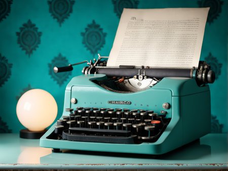 Vintage Turquoise Typewriter and Green Table Set Against Blue Wallpaper A Softly Lit Still Life Compositionの素材