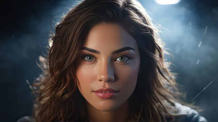 Rainy Night Reflections Captivating Portrait of a Woman in Calm Grace Amidst Heavy Downpourの素材