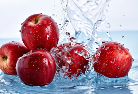 Red Apples Drenched in Water A Splashed Scene on White Backgroundの素材
