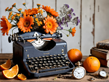 Vintage Vibe Still Life An Elegant Collection of Typography, Flowers, Fruits, Antique Timepieces, and Bold Colors in a Vibrant Paletteの素材