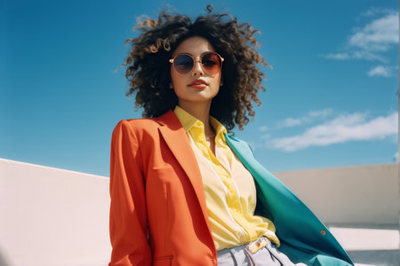 Captivating Color Combination A Woman Stylish Outfit Featuring a Yellow Shirt and Orange Blazer with Green Lining on Right Shoulderの素材