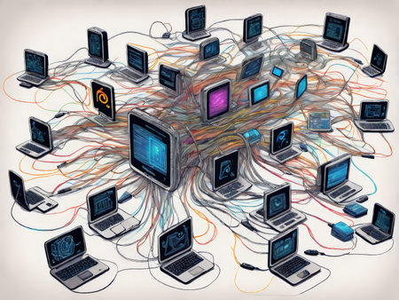 Interconnected Horizons A Detailed Illustration of Diverse Displays Interacting Through Network Cables - Featuring Recognizable Logos, Abstract Icons, and Data Visualizationsの素材