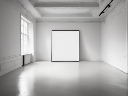 Empty Exhibition Hall Exterior An Unfettered View Through Two-Paned Windows Into an Empty Spaceの素材