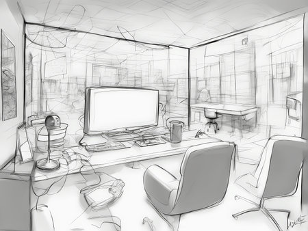 Digital Handiwork A Monochromatic Sketch of an Office Space Rendered in Pencil-like Texture via Software Simulationの素材