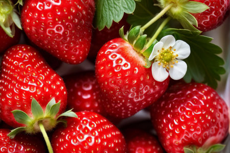 Harvest Delight A Picture Capturing the Vibrant Beauty of Red Strawberries Amidst Green Leaves and a White Blooming Flower in Depth-Of-Field Focusの素材