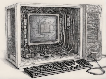 Chronological Computer Symphony A Timeless Synthesis of Personal Computing Eras Unveiled Through Intricate Detail in a Single Sketchの素材