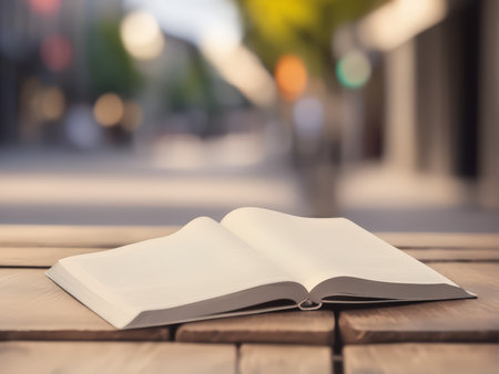 Vivid Urban Reflections A Closer Look at Out-of-Focus Street Scenery Behind an Open Bookの素材