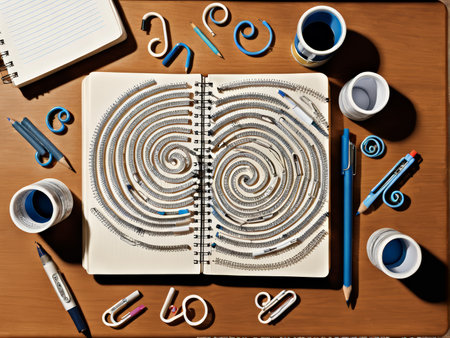 Visual Symphony A Spiral-Book Enigma Amidst Office Essentialsの素材