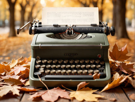 Vintage Typewriter and Autumn Leaves A Poetic Scene of Writing and Reflection in an Outdoors Settingの素材