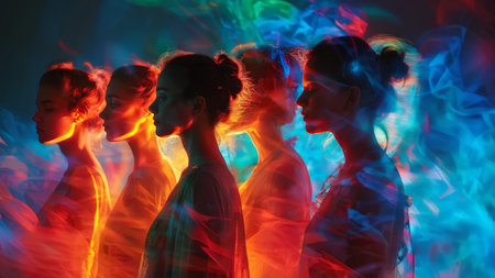 Enigmatic Optical Illusion Multiple Women Silhouettes Against Colorful Backgrounds Evoking Depth and Surreal Movementの素材