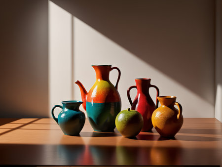 Vibrant Still Life Arrangement A Ceramic Masterpiece on Wooden Table Lit By Natural Lightの素材