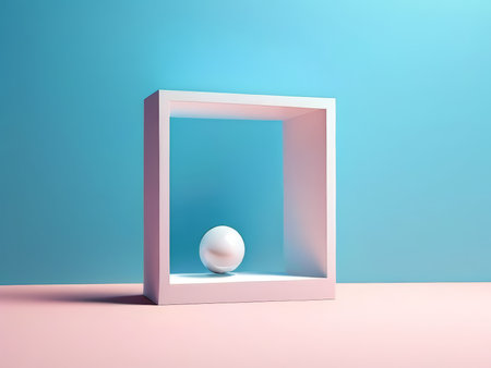 Minimalist Minimalism A Pink Box Containing a White Sphere Against a Gradient Blue Background - An Abstract Statement of Modern Artistic Minimalismの素材