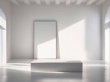 Modern Conference Setup A Closer Look at an Empty White Room with Podium and Board under Bright Lightingの素材