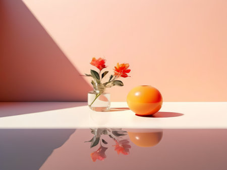 Floral Harmony Reflections in Pink Light - A Vivid Portrait of Flowers, Fruit, and Shadow Against a Vibrant Background Wallの素材