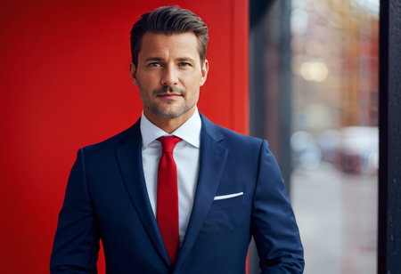 An Intriguing Portrait of an Admired Professional A Cloaked Figure in Dark Blue Attire with Red Tiesの素材