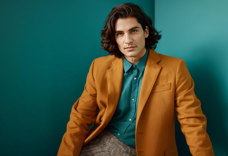 Confident Arrogance A Man in Checkered Pants and Brown Jacket Dominates the Green Background with Dark Blue Eyesの素材