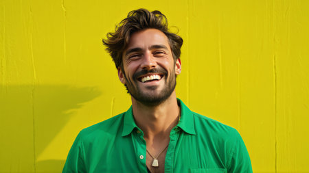 Enchanting Portrait A Gentleman in Green Shirt and Yellow Background with a Bearded Faceの素材