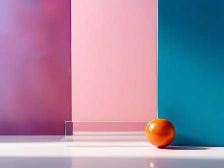 Optimal Contrast and Minimalist Harmony An Exquisite Composition of Orange Ball, Reflective Surface, Clear Glass Rectangle, and Negative Spaceの素材