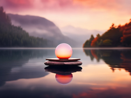 Sunset Serenity Symmetrical Reflections on Reflective Rocks Amidst Autumnal Fog and Mountainous Tranquilityの素材