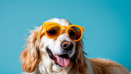 Sunshiny Smile An Endearing Portrait of the Dog in Orange Sunglasses Against a Blue Backgroundの素材
